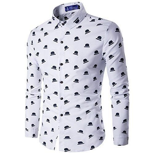 White Printed Full Sleeve Collar Neck Casual Wear Cotton Shirt For Men