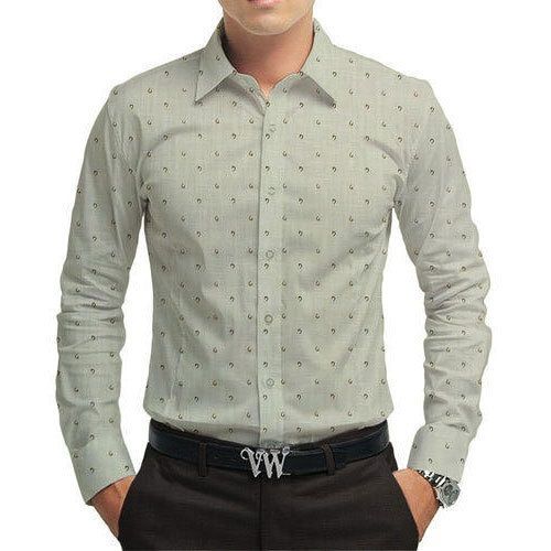 Full Sleeves Casual Wear Comfortable Gray Printed Cotton Mens Shirt Collar Style: Straight