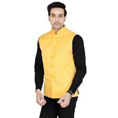 Breathable Men'S Traditional Cotton Sleeveless Yellow Waistcoat (Nehru Jacket) 