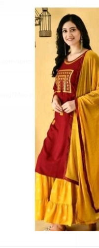 Round Neck Yellow Chanderi And Red Printed Festive Wear Cotton Suit For Ladies With Dupatta