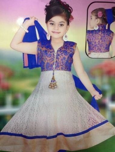 Fashionable Trendy Short Sleeves Ready-Made Girl'S Blue And White Anarkali Suit Decoration Material: Cloths