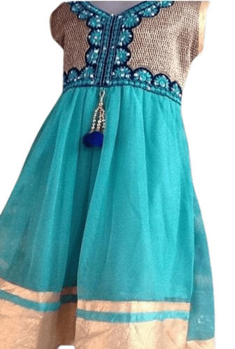 Washable Great Light Blue And Golden Excellent Designing Small Girls Anarkali Suit