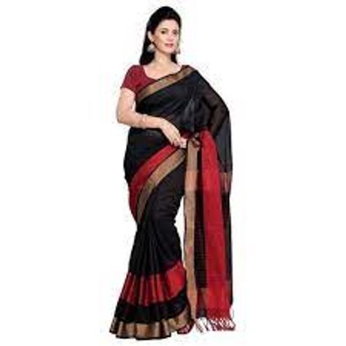 Casual Simple Black Women Cotton Saree With Blouse Piece 