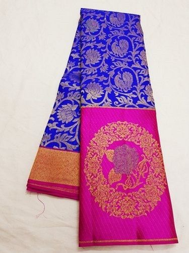 Party Wear Pink And Blue Floral Deisgn Printed Silk Ladies Saree With Blouse Piece Set