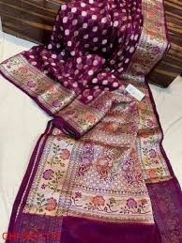 Ladies Stylish Stunning Look Golden And Purple Printed Cotton Silk Banarasi Saree For Party Wear