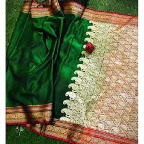 Winter Ladies Stylish Stunning Look White And Green Printed Cotton Silk Banarasi Saree For Party Wear