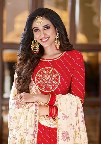 Indian Women Party Wear 3/4 Sleeves Round Neck Designer Printed Red Anarkali Salwar Suit