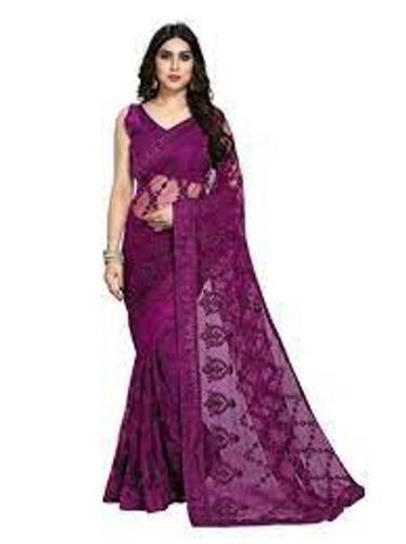 Silk Women'S Net Embroidery Purple Saree 