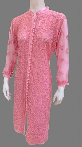 Quick Dry Ladies Party Wear Full Sleeves Pink Chiffon Designer Straight Kurti