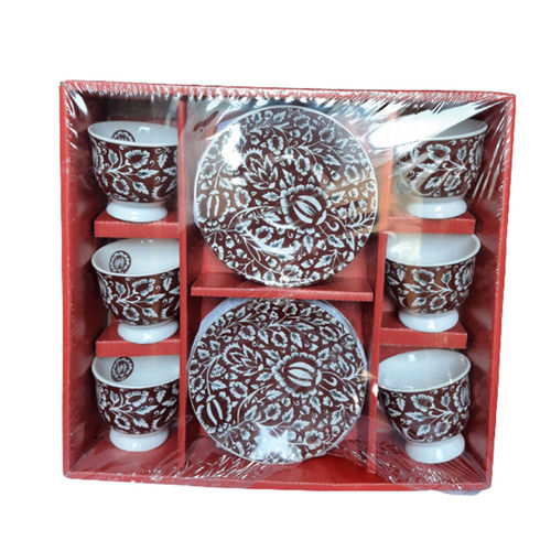 Printed Ceramic Tea Cup and Saucer Set of 6 with Glossy Finish