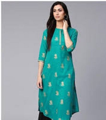 Women 3/4 Sleeves And Round Neck Breathable Casual Wear Printed Straight Kurti  Decoration Material: Beads