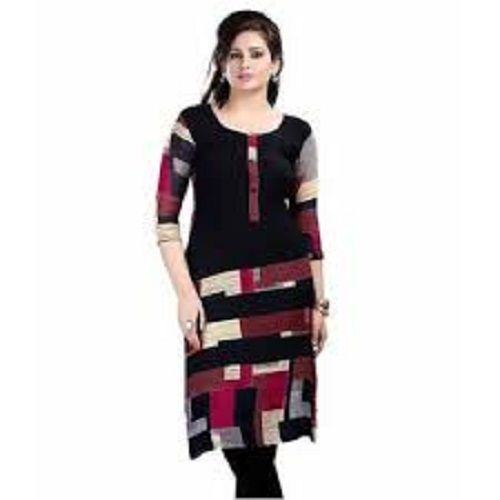 Multicolor Women 3/4 Sleeves And Round Neck Breathable Crepe Printed Straight Kurti