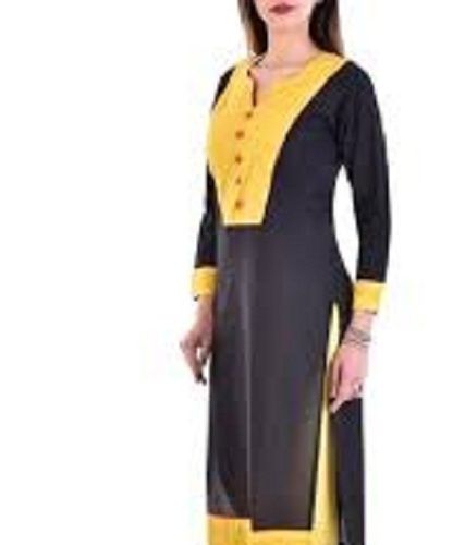 Yellow Women Full Sleeves Breathable And Comfortable Cotton Black Plain Kurti