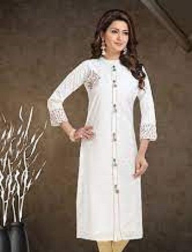 Women Full Sleeves Breathable And Comfortable Cotton White Printed Kurti  Decoration Material: Beads