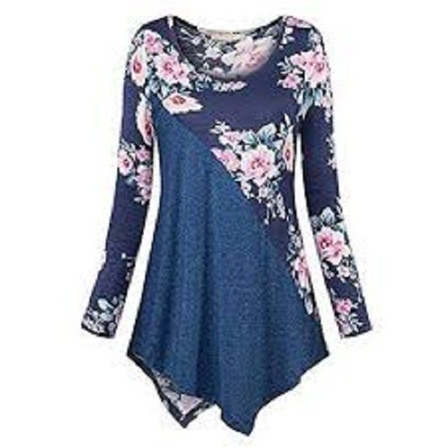 Women Round Neck And Long Sleeves Breathable Floral Printed Cotton Top