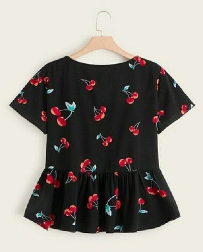 Summer Women Round Neck And Short Sleeves Breathable Beautiful Cherry Print Black Top