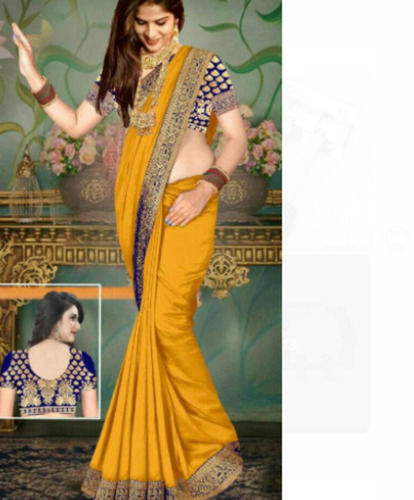 Plain Yellow Party Wear Designer And Stylish Cotton Saree For Ladies With Blouse Piece 