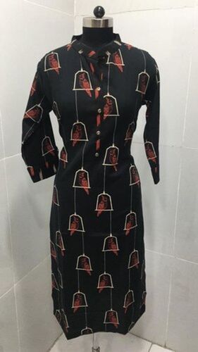 Black Cotton Printed Simple Collar Neck Ladies Kurti