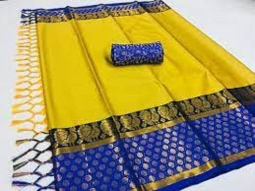 Traditional Wear Comfortable Yellow And Blue Cotton Silk Sarees With Blouse Piece Set 