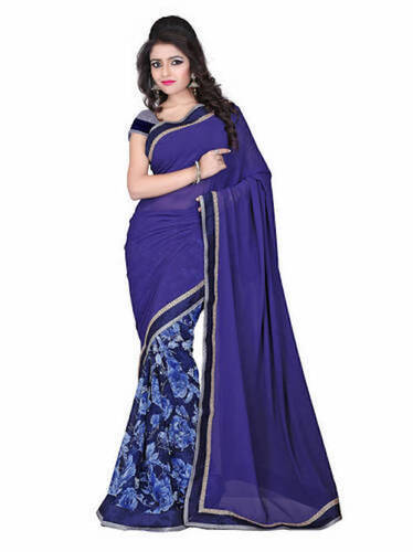 Daily Wear Printed Pattern Navi Blue Color Cotton Silk Banarasi Saree With Matching Blouse Piece