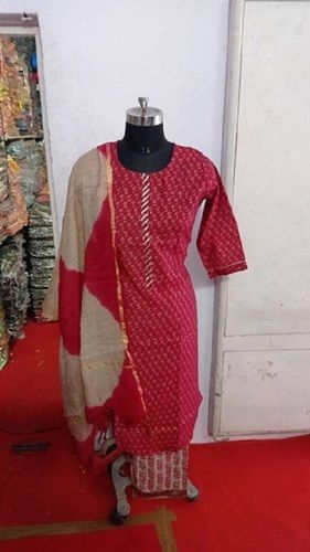 Dry Cleaning Red Color Printed Cotton Fabric Pakistani Style Suit With Embroidery In The Border For Home And Office Use 