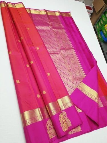 Traditional Wear Pink And Orange Printed Design Silk Sarees With Blouse Piece Set