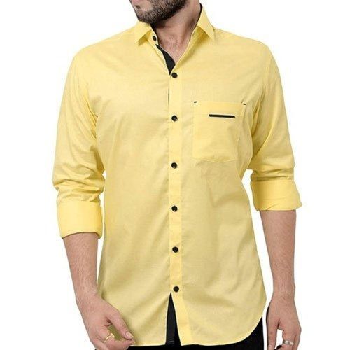 Plain Collar Neck Mens Yellow Cotton Casual Shirt  Collar Style: Straight