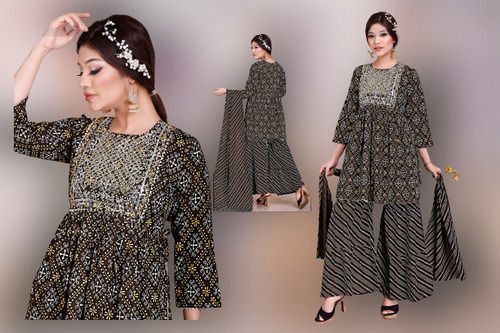 Indian Ladies Party Wear 3/4Th Sleeves Round-Neck Black Linen Printed Sharara Suit