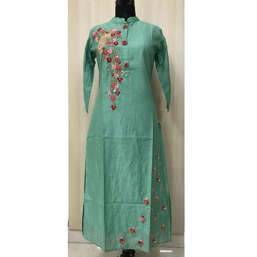 Green 3-4th Sleeve Breathable Embroidered Party Wear Modern Cotton Kurti For Ladies