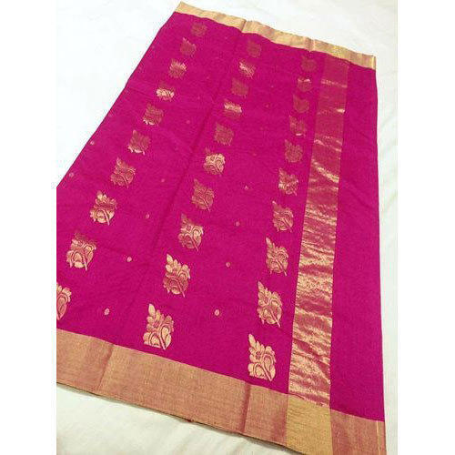 Summer Pink Party Wear Chanderi Silk Cotton Ladies Saree With Blouse Piece Set