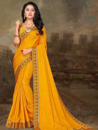 Yellow Colorfastness Shrink Resistance Skin Friendliness Elegant Look Ladies Silk Sarees