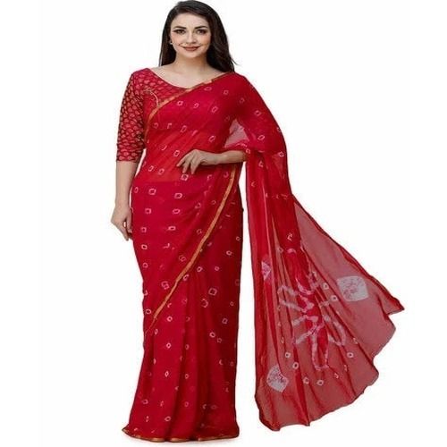 Cotton Red Colour Clafoutis Bandhani Printed Chiffon Saree With Normal Wash