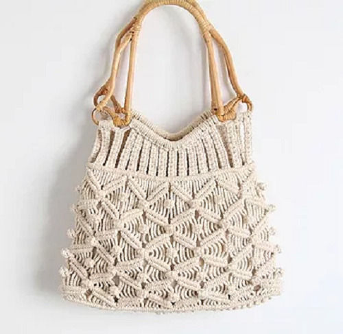 Cream Designer Look Cane Handle Macrame Crochet Bags For Daily Shopping