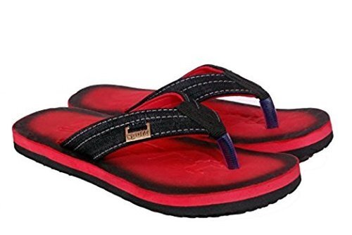 Mens Fashionable Lightweight Flip Flops Sport Slipper - Leather Upper, PU Outsole, Red Color | Cushioned Insole, Non-Slip Sole, Easy Slip-On Design