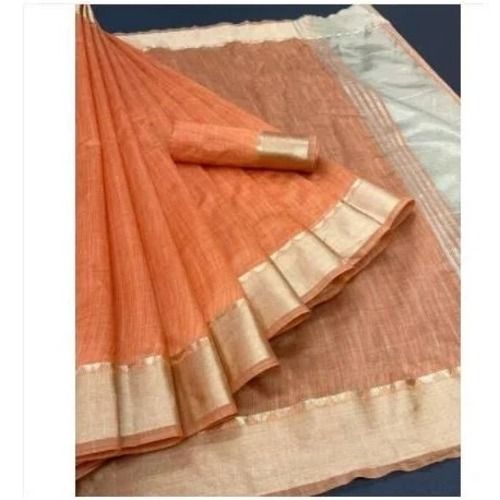 Ethnic Orange Colour Cotton Weave Chiffon Saree With Unstitched Blouse Piece