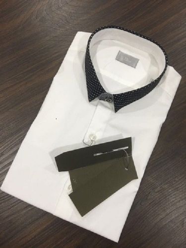 Men Cotton Comfortable And Breathable Full Sleeves Black Collar Neck White Shirt