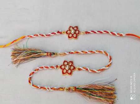 Multiple Pair Rakhi With Silk Tussel Meenakari Kundan With Mouli Thread And Embedded With Small Pearl