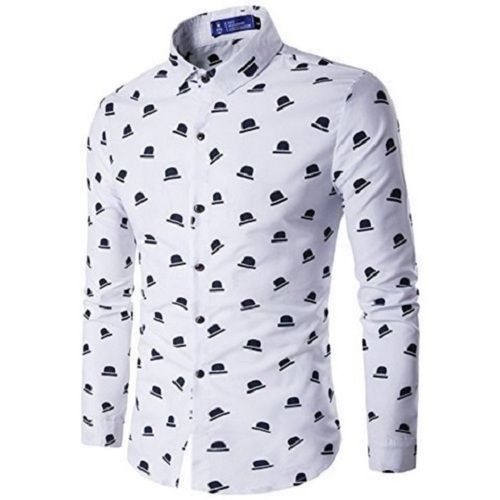 White Full Sleeve Collar Neck And Breathable Printed Cotton Shirt For Men