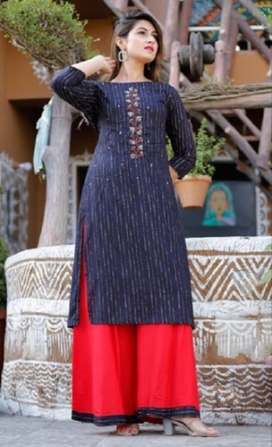 मल्टीकलर महिलाओं के लिए 100 प्रतिशत कॉटन आरामदायक और सांस लेने योग्य फुल स्लीव्स लाल नीली कुर्ती