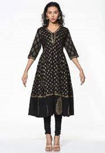 Women Comfortable And Breathable Black Printed Anarkali Dress For Casual Wear