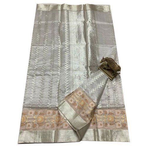 Blue Fancy Party Wear Lightweight Border Printed Ladies Silk Silver Saree