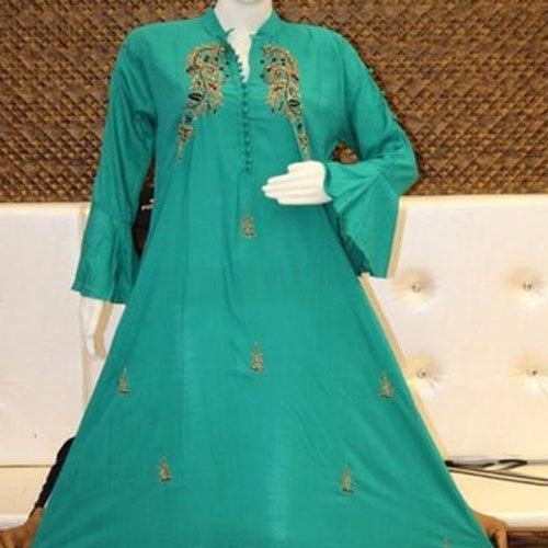 Party Wear Skin Friendly Green And Full Sleeve Floral Designer Kurtis For Ladies