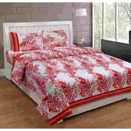 Red And White Leaves Print Cotton Bed Sheet For Home With Pillow Cover