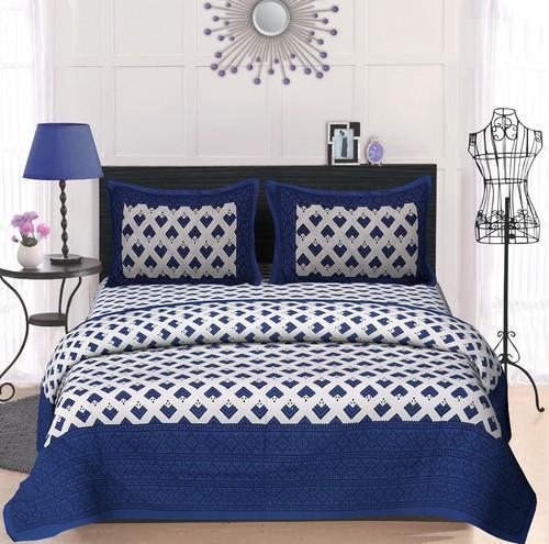 White And Blue Cotton King Size Hand Printed Double Bedsheet With 2 Pillow Length: 38I?  X 80I? Inch (In)