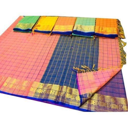 Blue Fancy Party Wear Dry Clean Checked Yellow Silk Cotton Ladies Sarees