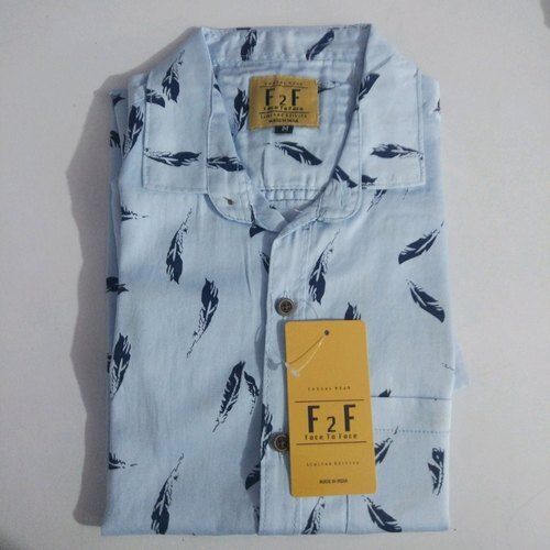  Men'S Cotton Casual Wear Light Blue Printed Shirt Breathable And Soft With Pocket