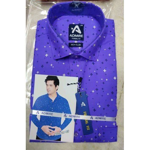  Men'S Cotton Printed Blue Neck Comfortable Full Sleeve Causal Wear Lightweight Shirt Collar Style: Classic