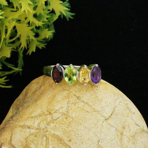 925 Sterling Silver Golden Topaz Peridot Garnet Amethyst Ring