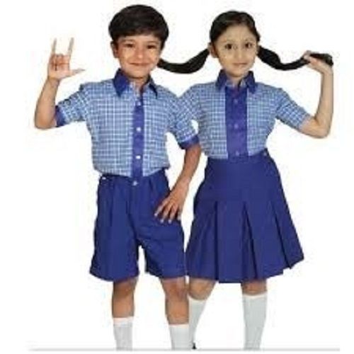 Blue Half Sleeves Checked Printed Cotton School Uniform For Unisex Collar Style: Straight