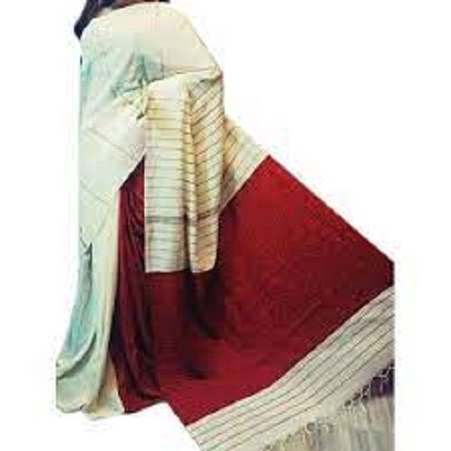 Women Elegant Look Breathable Strip Print Cotton Red And White Saree With Unstitched Blouse Piece